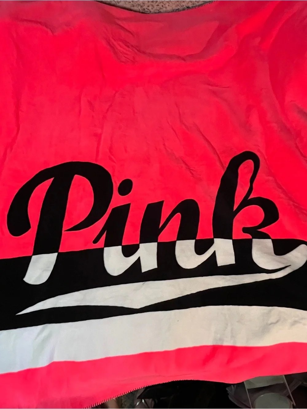 PINK Victoria's Secret White Sherpa Blanket with Black Logo Tag